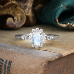 Vintage Halo Cluster Oval Cut Moonstone Engagement Ring