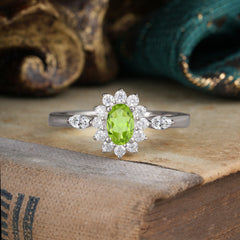 Vintage Halo Cluster Oval Cut Peridot Engagement Ring