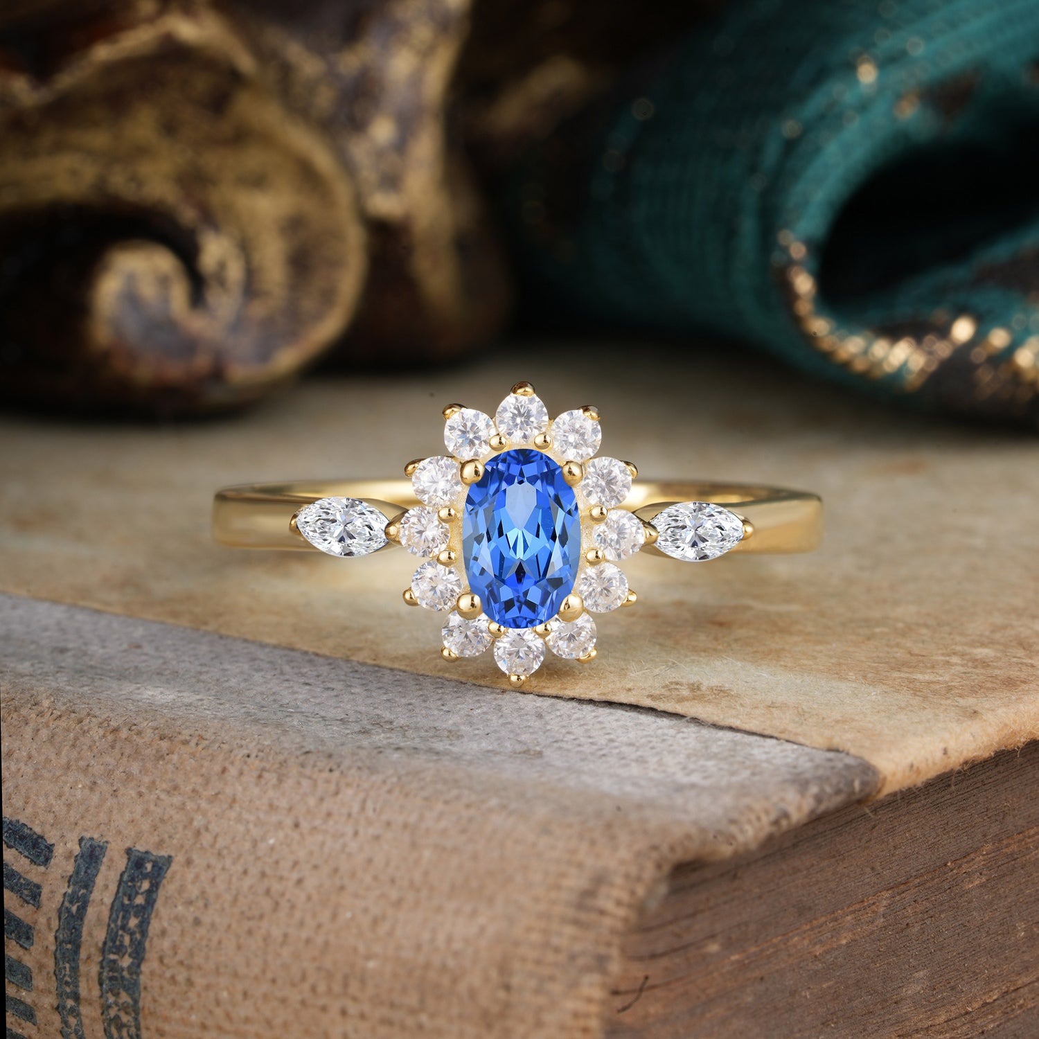 4 Prong Vintage Halo Cluster Oval Cut Sapphire Engagement Ring