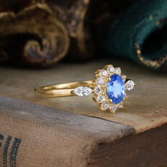 4 Prong Vintage Halo Cluster Oval Cut Sapphire Engagement Ring