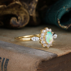 4 Prong Vintage Halo Cluster Oval Cut Opal Engagement Ring