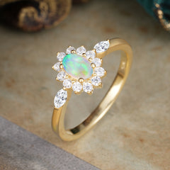 4 Prong Vintage Halo Cluster Oval Cut Opal Engagement Ring