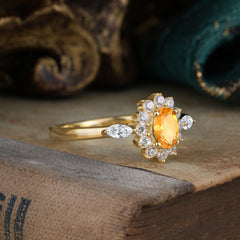 Vintage Halo Cluster Oval Cut Citrine Engagement Ring