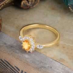 Vintage Halo Cluster Oval Cut Citrine Engagement Ring