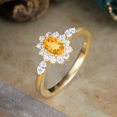 Vintage Halo Cluster Oval Cut Citrine Engagement Ring