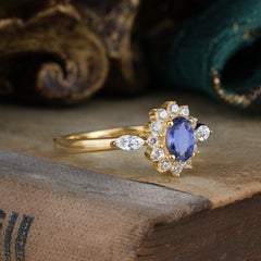 Vintage Halo Cluster Oval Cut Tanzanite Engagement Ring