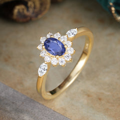 Vintage Halo Cluster Oval Cut Tanzanite Engagement Ring