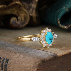 4 Prong Vintage Halo Cluster Oval Cut Turquoise Engagement Ring
