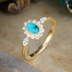 4 Prong Vintage Halo Cluster Oval Cut Turquoise Engagement Ring