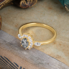 4 Prong Vintage Halo Cluster Oval Cut Black Rutilated Quartz Engagement Ring