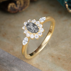 4 Prong Vintage Halo Cluster Oval Cut Black Rutilated Quartz Engagement Ring