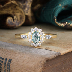 Vintage Halo Cluster Oval Cut Moss Agate Engagement Ring
