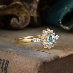 Vintage Halo Cluster Oval Cut Moss Agate Engagement Ring