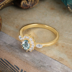 Vintage Halo Cluster Oval Cut Moss Agate Engagement Ring