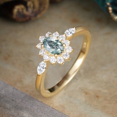 Vintage Halo Cluster Oval Cut Moss Agate Engagement Ring