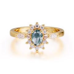 Vintage Halo Cluster Oval Cut Moss Agate Engagement Ring