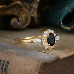 Vintage Halo Cluster Oval Cut Black Onyx Engagement Ring
