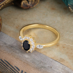 Vintage Halo Cluster Oval Cut Black Onyx Engagement Ring