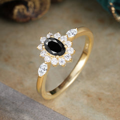 Vintage Halo Cluster Oval Cut Black Onyx Engagement Ring