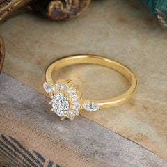 4 Prong Vintage Halo Cluster Oval Cut Lab Diamond Engagement Ring