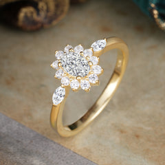 4 Prong Vintage Halo Cluster Oval Cut Lab Diamond Engagement Ring