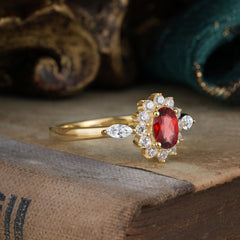 Vintage Halo Cluster Oval Cut Garnet Engagement Ring