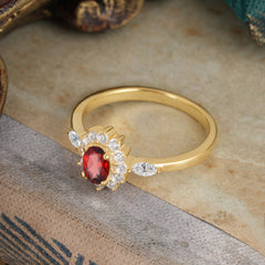Vintage Halo Cluster Oval Cut Garnet Engagement Ring