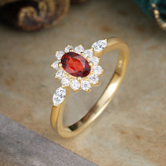 Vintage Halo Cluster Oval Cut Garnet Engagement Ring