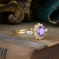 Vintage Halo Cluster Oval Cut Amethyst Engagement Ring