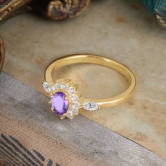 Vintage Halo Cluster Oval Cut Amethyst Engagement Ring