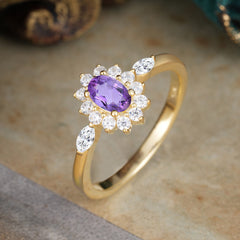 Vintage Halo Cluster Oval Cut Amethyst Engagement Ring