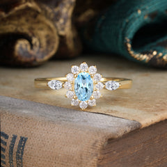 Vintage Halo Cluster Oval Cut Aquamarine Engagement Ring