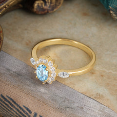 Vintage Halo Cluster Oval Cut Aquamarine Engagement Ring