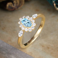 Vintage Halo Cluster Oval Cut Aquamarine Engagement Ring