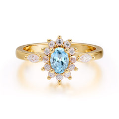 Vintage Halo Cluster Oval Cut Aquamarine Engagement Ring