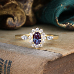 4 Prong Vintage Halo Cluster Oval Cut Alexandrite Engagement Ring