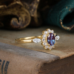 4 Prong Vintage Halo Cluster Oval Cut Alexandrite Engagement Ring