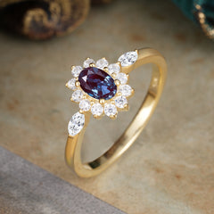 4 Prong Vintage Halo Cluster Oval Cut Alexandrite Engagement Ring
