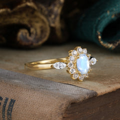 Vintage Halo Cluster Oval Cut Moonstone Engagement Ring