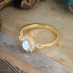 Vintage Halo Cluster Oval Cut Moonstone Engagement Ring