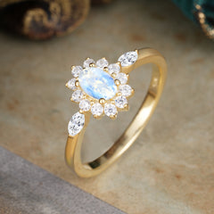 Vintage Halo Cluster Oval Cut Moonstone Engagement Ring