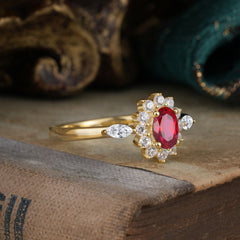 4 Prong Vintage Halo Cluster Oval Cut Ruby Engagement Ring