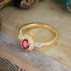 4 Prong Vintage Halo Cluster Oval Cut Ruby Engagement Ring