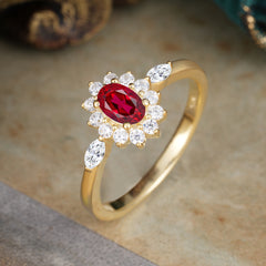 4 Prong Vintage Halo Cluster Oval Cut Ruby Engagement Ring
