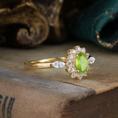 Vintage Halo Cluster Oval Cut Peridot Engagement Ring