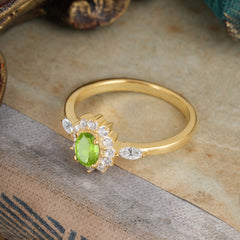 Vintage Halo Cluster Oval Cut Peridot Engagement Ring