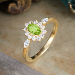 Vintage Halo Cluster Oval Cut Peridot Engagement Ring