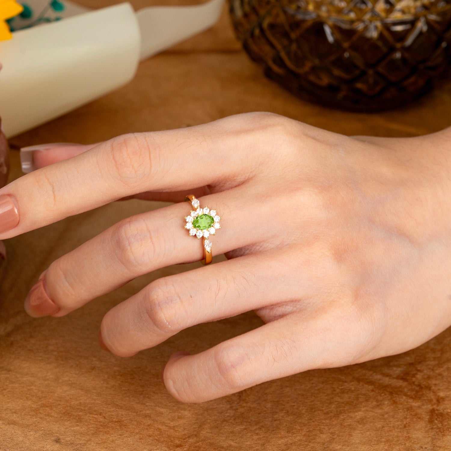 Vintage Halo Cluster Oval Cut Peridot Engagement Ring