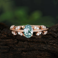 1 Carat Oval Cut Moss Agate Nature Inspired Engagement Ring