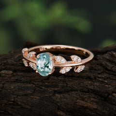1 Carat Oval Cut Moss Agate Nature Inspired Engagement Ring